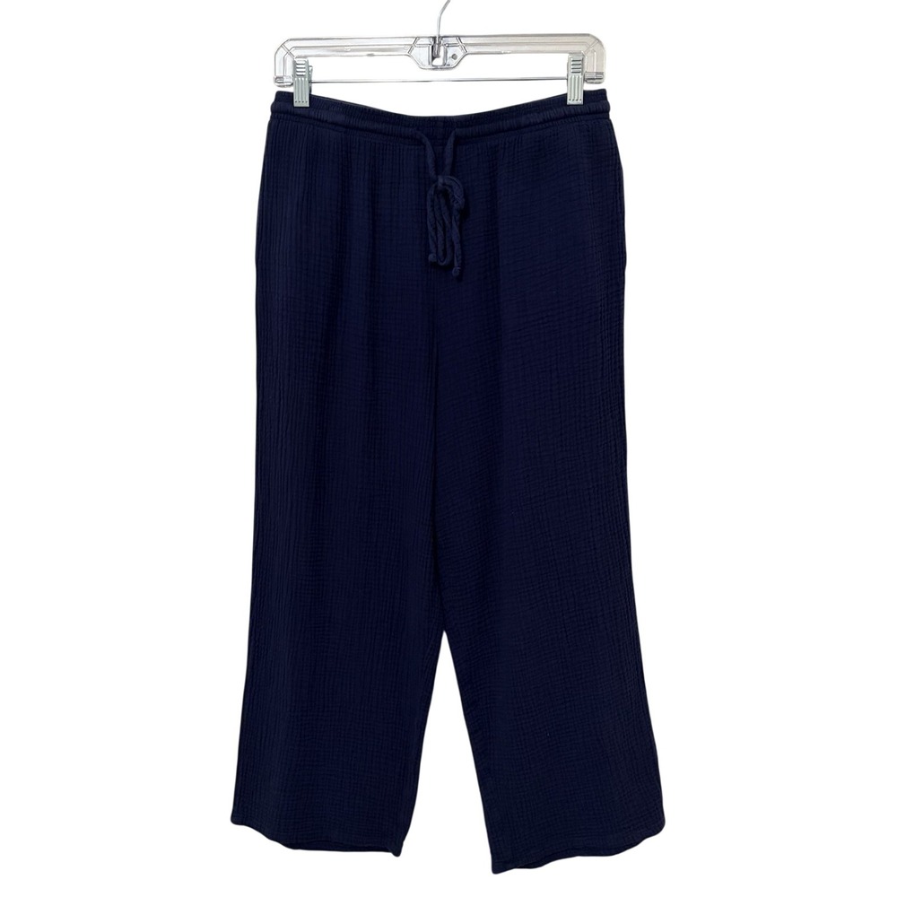 Wide Leg 100% Cotton Gauze Crop Pants Womens M Navy Coastal Nautical Boho Beach